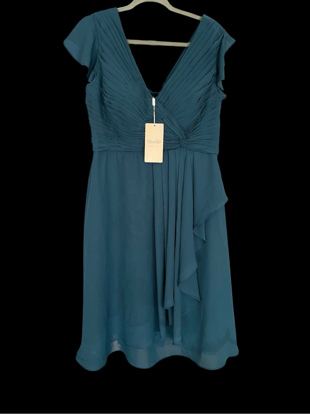 Monvelli Dusty Teal Chiffon Pleated A-Line Cocktail Dress Lace Up Back NWT M